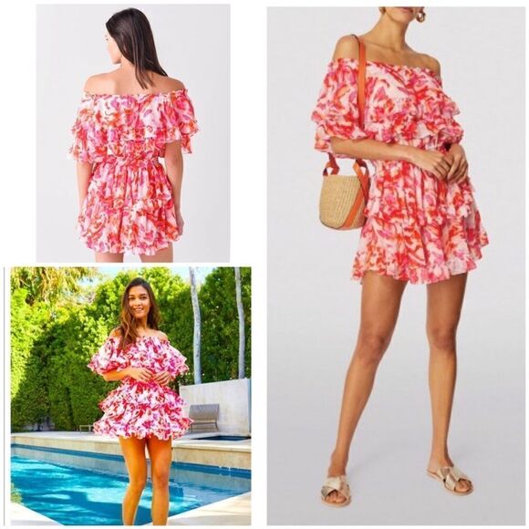 Misa Isella Maldive Marble Off the Shoulder Ruffle Tiers Mini Dress Size Small - Picture 1 of 10